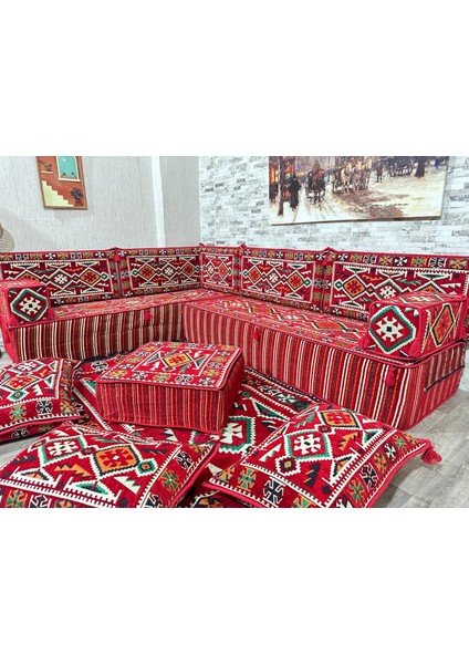 Şark Köşesi 30 cm Kalınlığında Minderli Anadolu Desenli Konsept Kırmızı 14 Parça modelleri