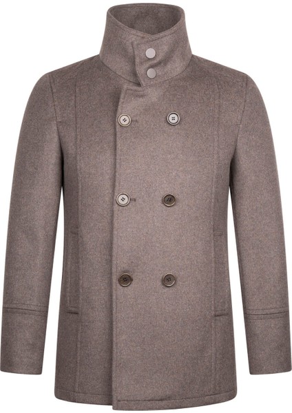 Kahverengi Slim Fit Kruvaze Yünlü Kaşe Kaban