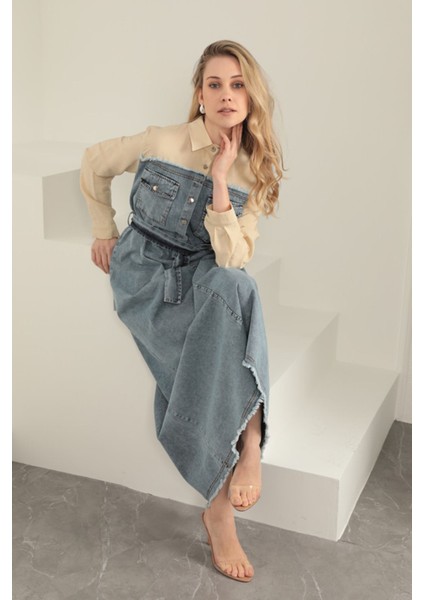 Denim Kumaş Garnili Elbise-Bej fiyatları