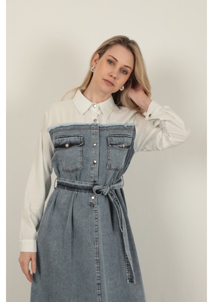 Denim Kumaş Garnili Elbise-Ekru fırsatları