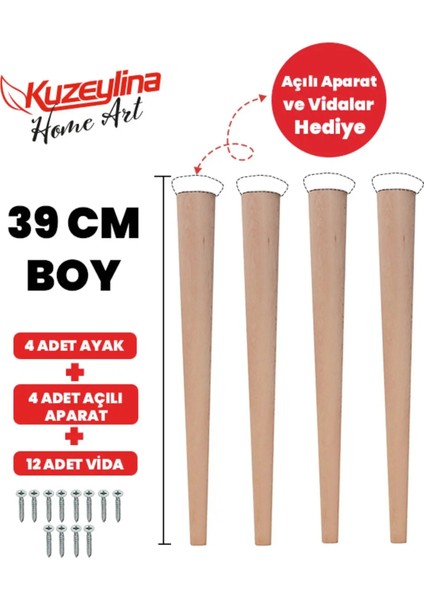 4'lü 39 cm Doğal Ahşap Ayak Konik Masa-Sandalye-Tabure- Sehpa Ayağı