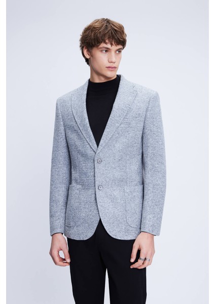 Gri Comfort Fit Mono Yaka Desenli Ceket
