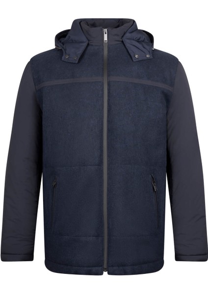 Lacivert Regular Fit Hakim Yaka Yünlü Kapüşonlu Şişme Mont