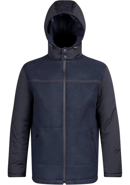 Lacivert Regular Fit Hakim Yaka Yünlü Kapüşonlu Şişme Mont fiyatları