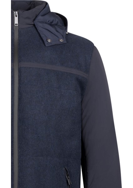 Lacivert Regular Fit Hakim Yaka Yünlü Kapüşonlu Şişme Mont fırsatları