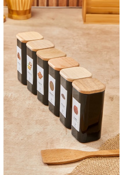 Etiketli 6'lı Ahşap Bambu Kapaklı 300 ml Mika Saklama Kabı Baharatlık modelleri