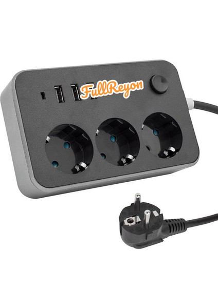 2 Metre Kablolu, Akım, Çocuk, Cihaz Korumalı, 2 USB - A, 1 Type-C, 3 Prizli Akıllı Priz Çoklayıcı