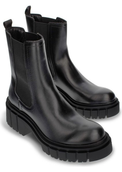 Kadın Kalın Taban Günlük Bot Yanı Lastik Detaylı Tırtık Taban Siyah Bot