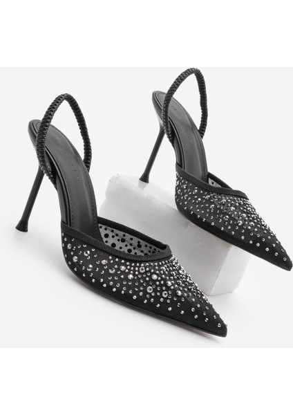 Kadın Stiletto Sivri Burun Taşlı Fileli Arkadan Lastikli Topuklu Ayakkabı Margi