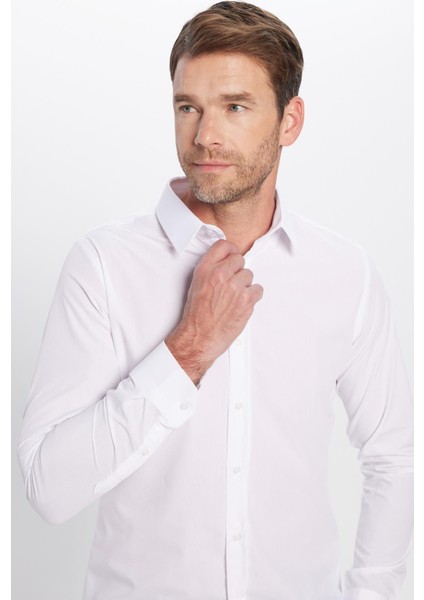 Erkek Slim Fit Dar Kesim Pamuklu Terry Cotton Kumaş Kolay Ütü Beyaz Gömlek
