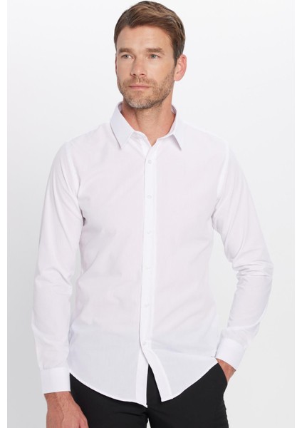 Erkek Slim Fit Dar Kesim Pamuklu Terry Cotton Kumaş Kolay Ütü Beyaz Gömlek fırsatları