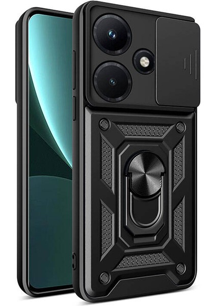 Infinix Hot 30I Kılıf Magnetik Stand Olabilen Kamera Korumalı Vega Kapak - Siyah + Cam Ekran Koruyucu