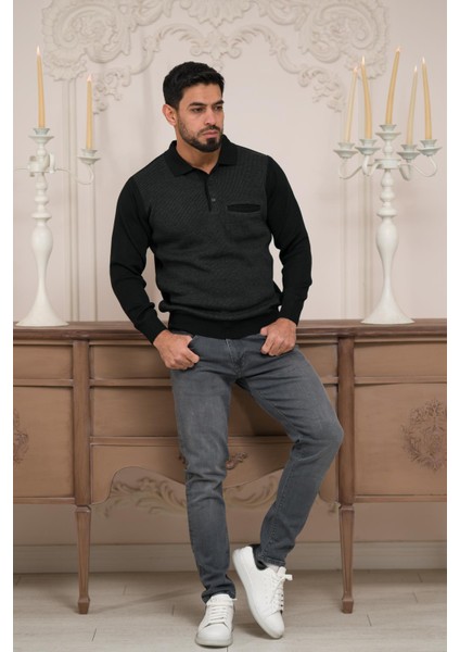 Polo Yaka Cepli Armürlü Yünlü Erkek Triko Kazak