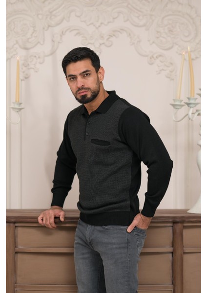 Polo Yaka Cepli Armürlü Yünlü Erkek Triko Kazak fırsatları