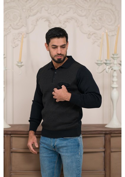 Polo Yaka Cepli Armürlü Yünlü Erkek Triko Kazak