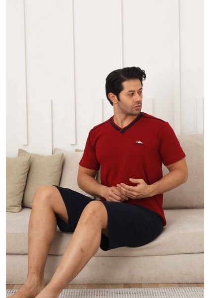 Erkek V Yaka Düğmesiz Likralı Penye Kısa Kol Cepli Şortlu Pijama Takımı modelleri