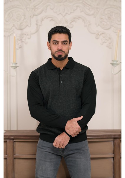 Polo Yaka Armürlü Yünlü Erkek Triko Kazak