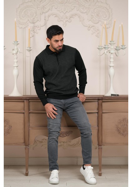 Polo Yaka Armürlü Yünlü Erkek Triko Kazak fırsatları