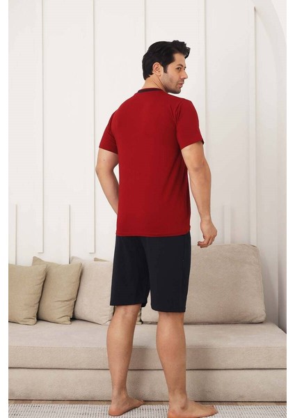 Erkek V Yaka Düğmesiz Likralı Penye Kısa Kol Cepli Şortlu Pijama Takımı fırsatları