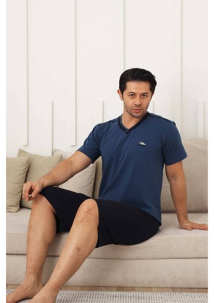 Erkek V Yaka Düğmesiz Likralı Penye Kısa Kol Cepli Şortlu Pijama Takımı