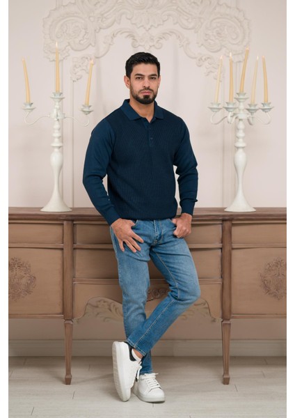 Polo Yaka Armürlü Yünlü Erkek Triko Kazak