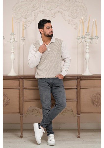 Polo Yaka Armürlü Yünlü Erkek Triko Kazak