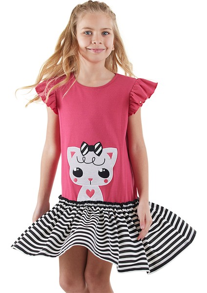 Kedicik Kız Çocuk Fuşya Yazlık Elbise