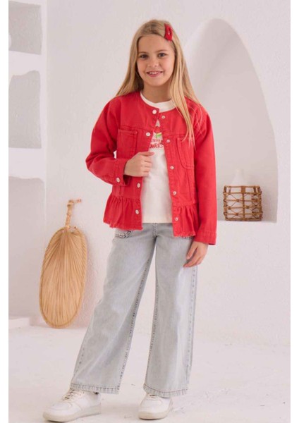 Flower Baskılı Fırfırlı Kız Çocuk Ceketli 3 lü kot takım - Nar Çiçeği