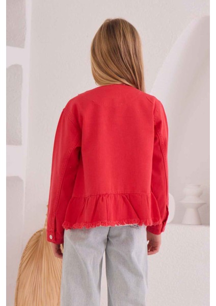 Flower Baskılı Fırfırlı Kız Çocuk Ceketli 3 lü kot takım - Nar Çiçeği fiyatları