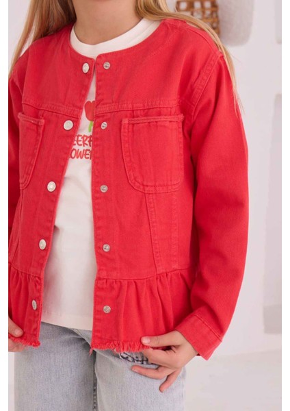 Flower Baskılı Fırfırlı Kız Çocuk Ceketli 3 lü kot takım - Nar Çiçeği modelleri