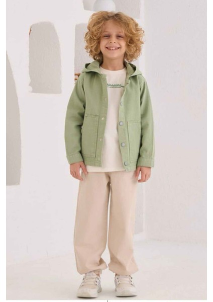 Basic Kapüşonlu Cepli Ceketli Erkek Çocuk lüx 3 lü takım - Yeşil