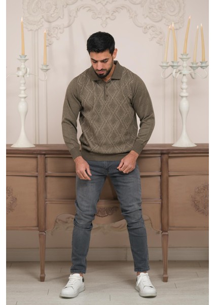 Polo Yaka Desenli Yünlü Erkek Triko Kazak