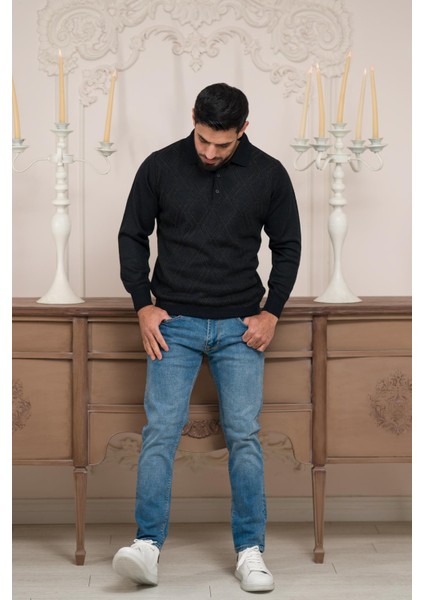 Polo Yaka Desenli Yünlü Erkek Triko Kazak