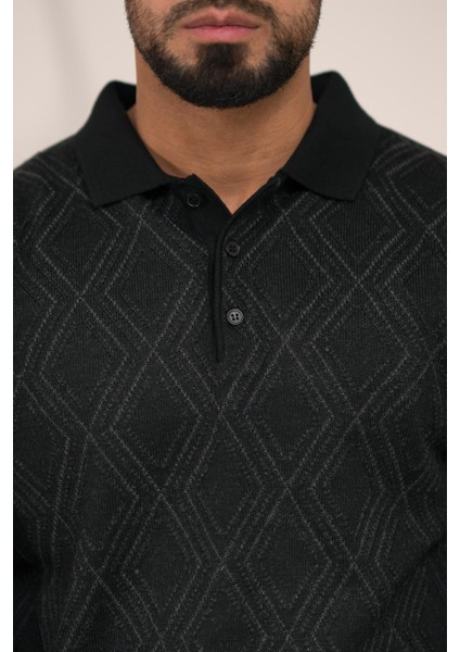 Polo Yaka Desenli Yünlü Erkek Triko Kazak fırsatları