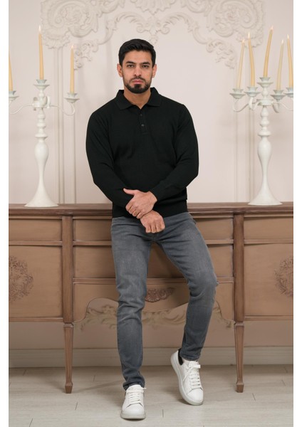 Polo Yaka Düz Renk Yünlü Erkek Triko Kazak