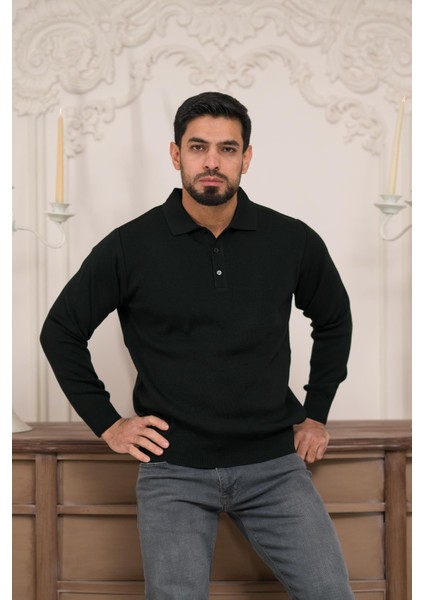 Polo Yaka Düz Renk Yünlü Erkek Triko Kazak fırsatları