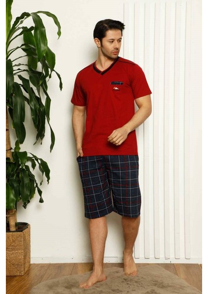 Erkek Ekose Desen V Yaka Düğmesiz %100 Pamuk Kısa Kol Cepli Şortlu Pijama Takımı