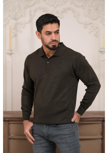 Polo Yaka Düz Renk Yünlü Erkek Triko Kazak