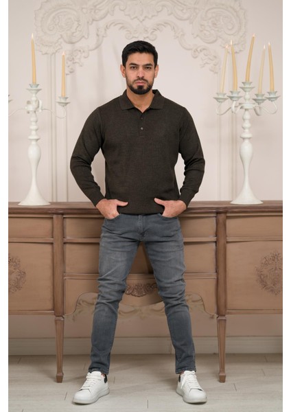 Polo Yaka Düz Renk Yünlü Erkek Triko Kazak modelleri
