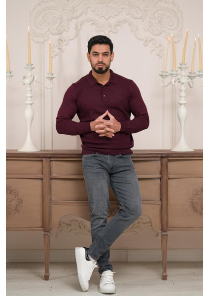Polo Yaka Slimfit Desenli Yünlü Erkek Triko Kazak fiyatları