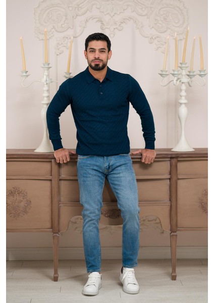 Polo Yaka Slimfit Desenli Yünlü Erkek Triko Kazak