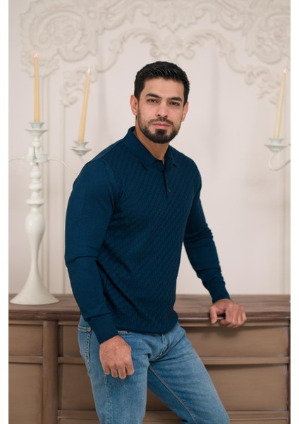 Polo Yaka Slimfit Desenli Yünlü Erkek Triko Kazak modelleri