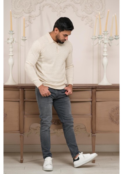 Polo Yaka Slimfit Desenli Yünlü Erkek Triko Kazak