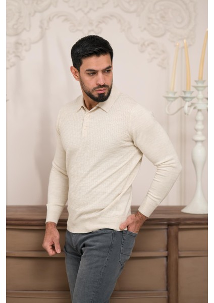 Polo Yaka Slimfit Desenli Yünlü Erkek Triko Kazak modelleri