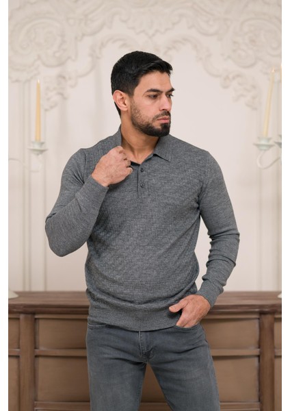 Polo Yaka Slimfit Desenli Yünlü Erkek Triko Kazak