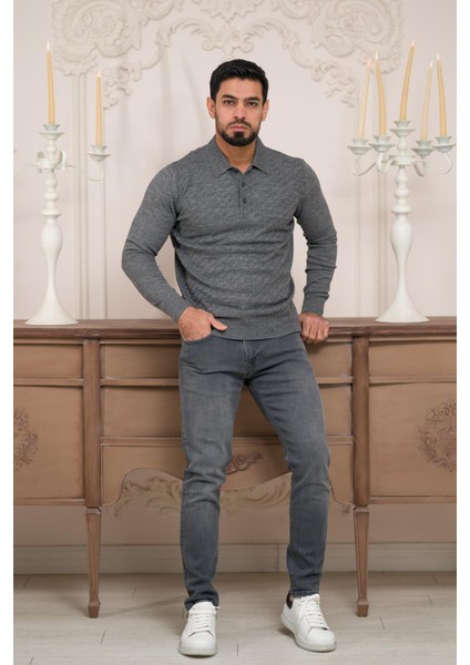 Polo Yaka Slimfit Desenli Yünlü Erkek Triko Kazak indirimleri