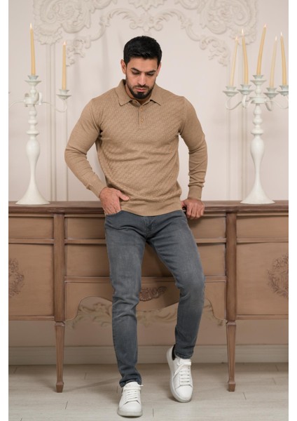 Polo Yaka Slimfit Desenli Yünlü Erkek Triko Kazak indirimleri