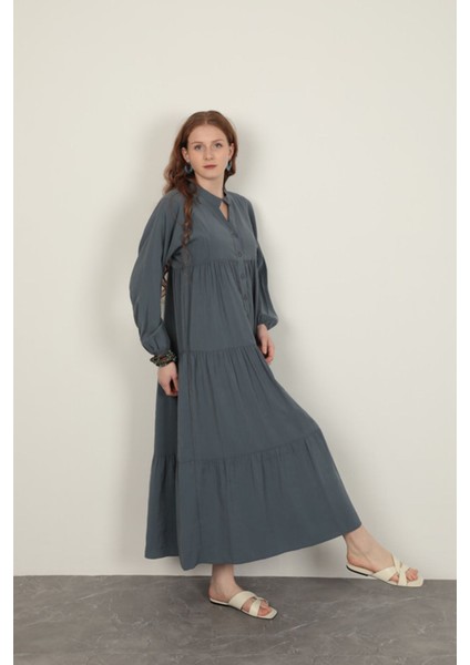 Modal Kumaş Kolu Lastikli Indigo Elbise