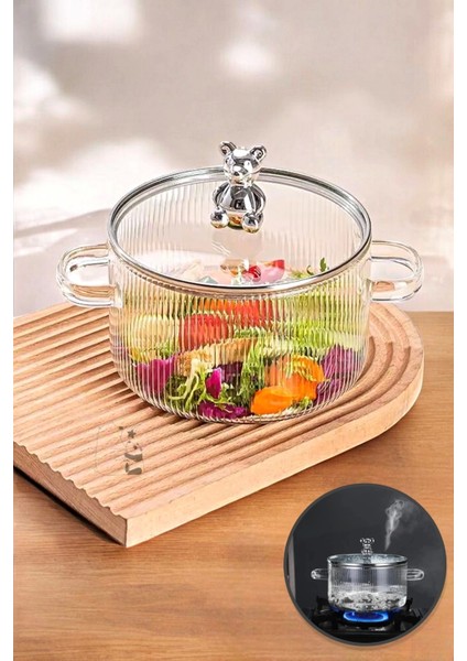 Pinterest Cam Tencere Ayıcık Figürlü Minimalist Borosilikat Isıya Dayanıklı Ocaküstü Tencere 1500 ml