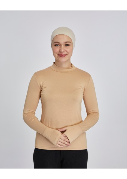 Hafif Balıkçı Yakalı Parmak Geçmeli Likralı Organik Kadın Body - Koyu Bej - L-XL